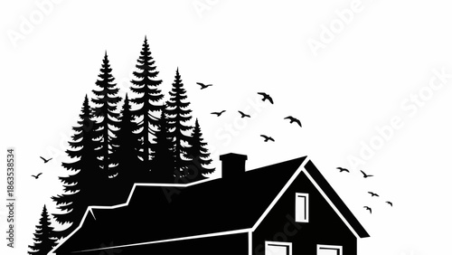 Silhouette of a house nestled amongst pine trees with birds flying.
