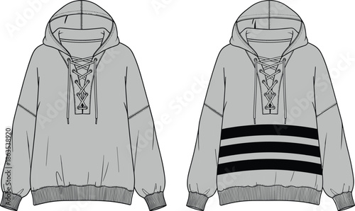 Hooded sweatshirt fashion sketch, lace-up front, ribbed cuffs hem, drawstring hood, stripe detail, cad drawing flat vector illustration