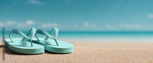 Teal flip-flops on a sandy beach, ocean backdrop