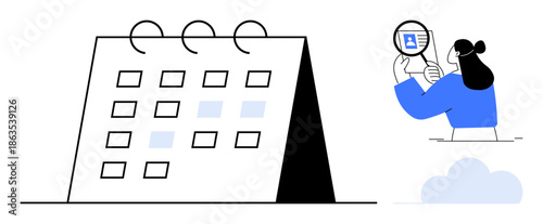 Data analysis. A calendar and magnifying glass emphasizing data analysis and scheduling for optimized task management. Data analysis supports planning, productivity apps, business tools, time