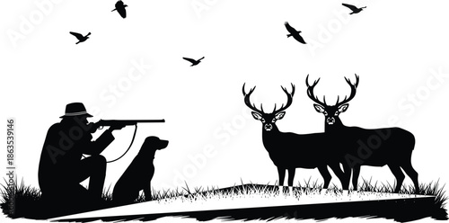 Hunting scene silhouette vector, hunter with rifle, dog companion, deer in forest, flying birds, outdoor nature, wildlife illustration, black design