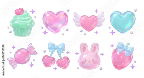 Kawaii Pastel Icons: Hearts, Cupcake, Bunny, Strawberry, Candy, Cherries
