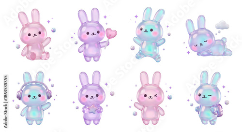 Cute Kawaii Bunnies Collection: Pink, Purple, Blue, Holographic Characters