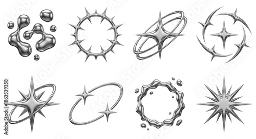 Abstract Metallic Shapes and Stars Collection: Futuristic Design Elements
