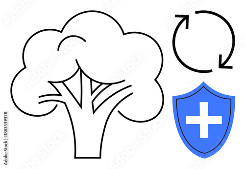 Environmental conservation, sustainability, health protection, ecological balance, renewable resources, natural safety. Tree outline, circular arrows shield with cross. Sustainability and health
