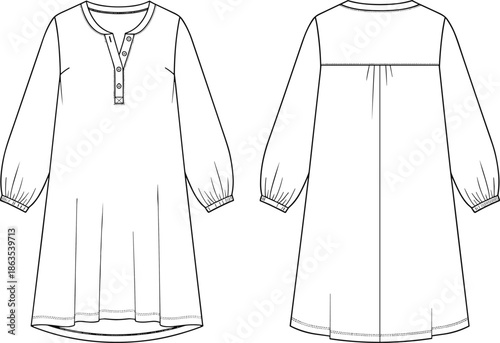 Long sleeve dress fashion sketch, round neckline, button placket, gathered cuff, yoke pleat, curved hem, cad drawing flat vector illustration