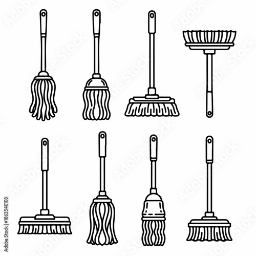 Collection of eight mop and brush line icons, illustrating various floor cleaning tools, sanitation equipment, and household chore supplies in outline style.