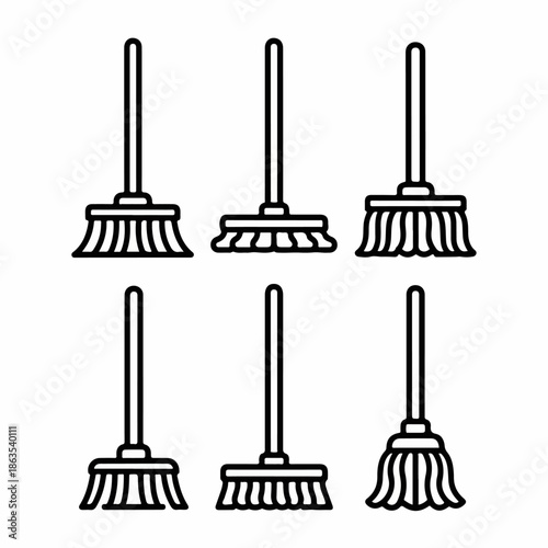 Outline set of six various brooms and mops icons for cleaning, housekeeping, and hygiene services, isolated on white background.