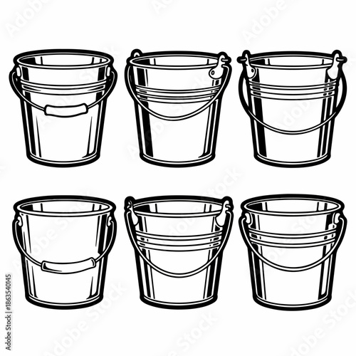 Set of six monochrome vector line art illustrations depicting various styles of empty utility buckets with handles, isolated on a white background.
