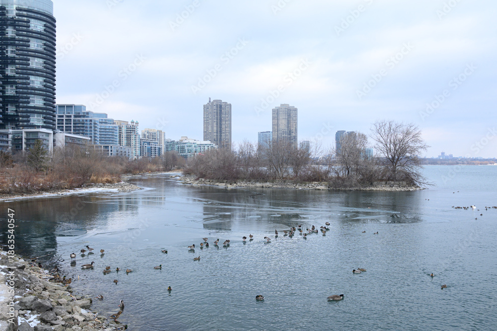 Obraz premium Winter waterfront modern skyline