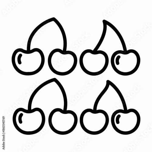 Outline set of cherry icons, illustrating sweet pairs of fruit in black line art on a clean white background.