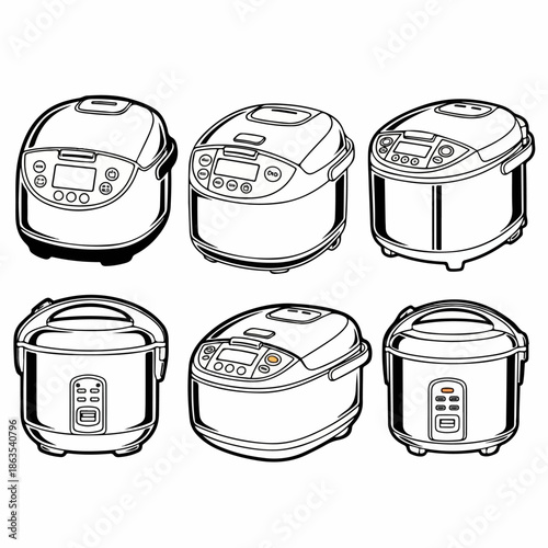 Six line art illustrations of modern electric rice cookers, showing various designs of automated kitchen appliances for cooking rice and grains.