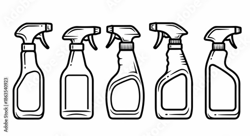 Outline set of five diverse household spray cleaner bottles, vector illustration for cleaning, disinfection, and chemical product packaging design.