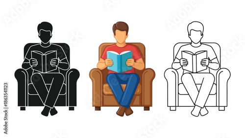 Man sitting in armchair reading book illustration set in color, outline, and silhouette styles