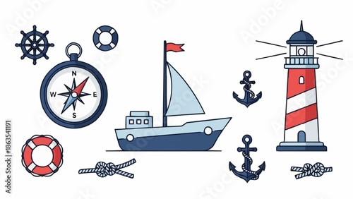 Nautical objects including a sailboat compass lighthouse and anchors.