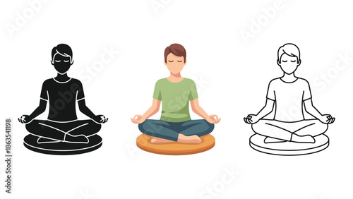 Man meditating in lotus position on cushion illustration set in black silhouette, full color, and outline styles