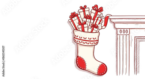 Whimsical Red and White Christmas Stocking Filled with Gifts Hanging from a Fireplace - Festive Holiday Illustration