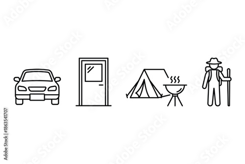 Outdoor adventure set including car door camping tent with grill and hiking man icons in thin line style on background