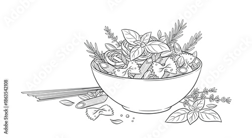 Detailed Monochrome Pasta Salad with Herbs and Farfalle - Italian Culinary Line Art