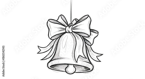 Detailed Monochrome Christmas Bell with Ribbon Bow - Traditional Holiday Ornament Illustration