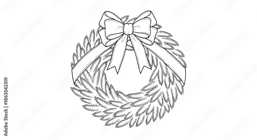 Obraz premium Detailed Monochrome Christmas Wreath with Ribbon Bow - Traditional Holiday Greenery Line Art