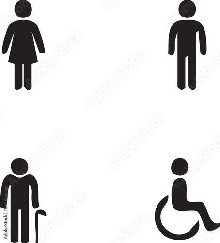 female restroom icon, male restroom icon, elderly person with cane icon, wheelchair accessible icon