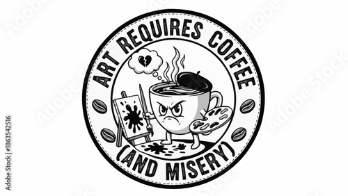 Funny Coffee Cup Character with Art Supplies and Text.