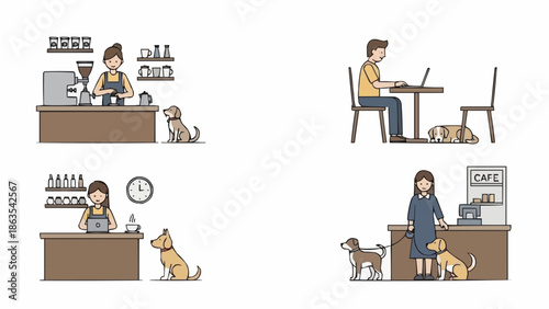 People and dogs interacting in a cafe setting.