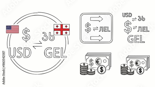 US Dollar to Georgian Lari Currency Exchange Icons.