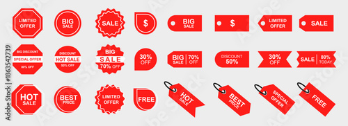 red sale tags. Sale Off Icon and Sale Tag Icon Set – Discount, Promotion, and Special Offer Symbols. Vector illustration of a sale off icon and sale tag icon, perfect for e-commerce, retail marketing 