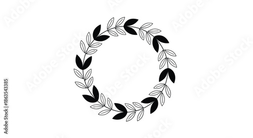 A simple and elegant circular wreath made of leaves, with half in solid black and the other half in a delicate line art style.