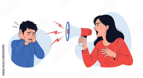 An illustration depicting a woman yelling angrily through a megaphone at a stressed man who is covering his ears in discomfort.