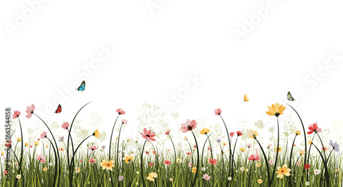 A beautiful and vibrant spring meadow with colorful wildflowers and butterflies flying in a field of tall green grass.