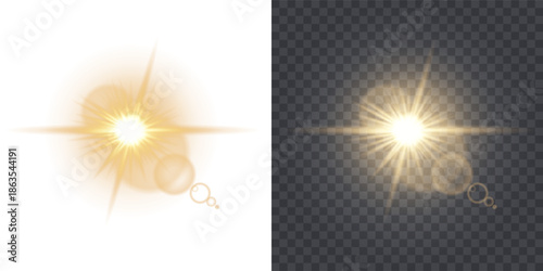 Bright golden lens flare with radiant sunburst rays and soft glowing orbs on a transparent background, PNG, sunlight shines warm, cinematic light effect. Flash of light, sun, twinkle overlays.