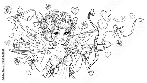 A winged cherub holds a bow and arrow surrounded by hearts and ribbons in a whimsical illustration