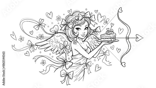 A cherubic angel holding a heart-shaped cake surrounded by hearts and ribbons in a whimsical illustration