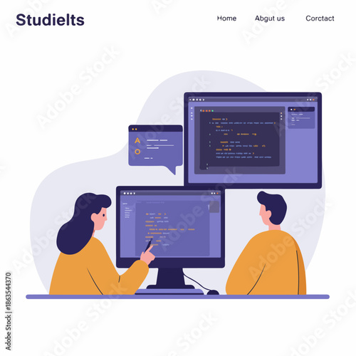 Collaborative coding and software development illustration featuring two programmers working together on code displayed across dual monitors.