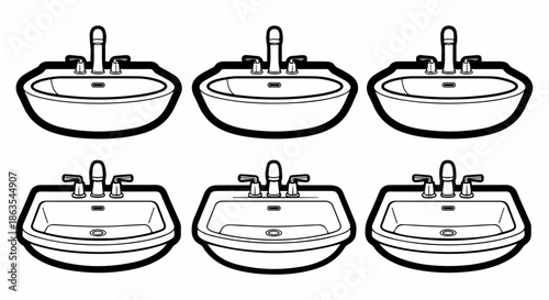 Black and white vector illustration set of six different styles of bathroom sink fixtures with faucets, representing plumbing and interior design elements.
