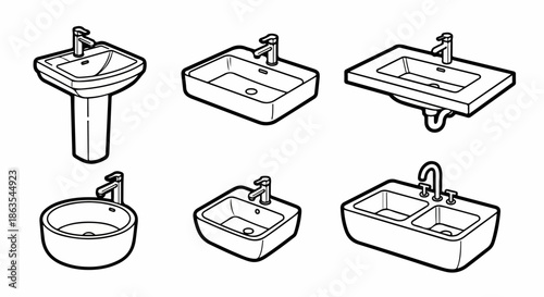 Various Types of Washbasins and Sinks Line Art Collection: Pedestal, Vessel, Undermount, and Double Basin Illustrations.