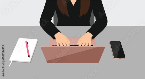 Conceptual illustration of an organized workspace where a person actively types on a laptop, supported by essential communication devices and note-taking materials