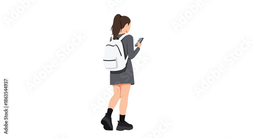 Young woman with a backpack engrossed in her smartphone, walking casually, representing modern connectivity and an on-the-go lifestyle