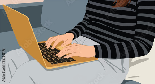 Focused Individual Typing on a Laptop, Engaged in Remote Work or Online Learning From the Comfort of a Home Sofa
