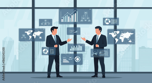 Corporate leaders analyzing data visualizations, collaborating on business strategy and financial planning in a modern office using advanced digital technology