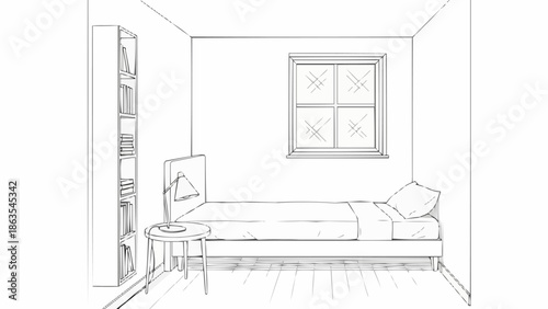 Simple Bedroom Interior Sketch with Bed and Bookshelf.
