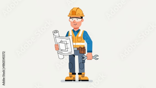 Construction worker holding blueprints and wrench on white background.