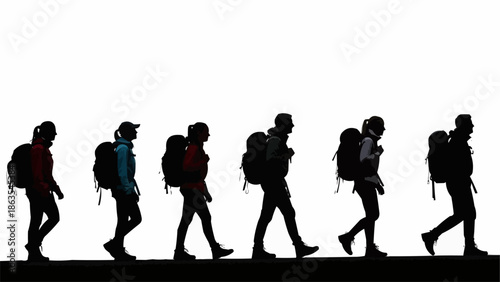 Group of hikers walking in silhouette against a white background.