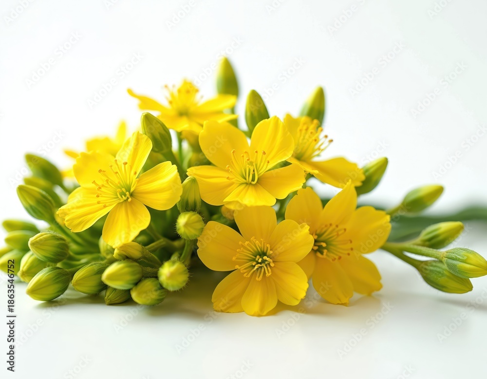 Fototapeta premium Yellow flowers with buds clustered together. Delicate petals open wide. Green stems and leaves support the bright blossoms. Simple natural arrangement.