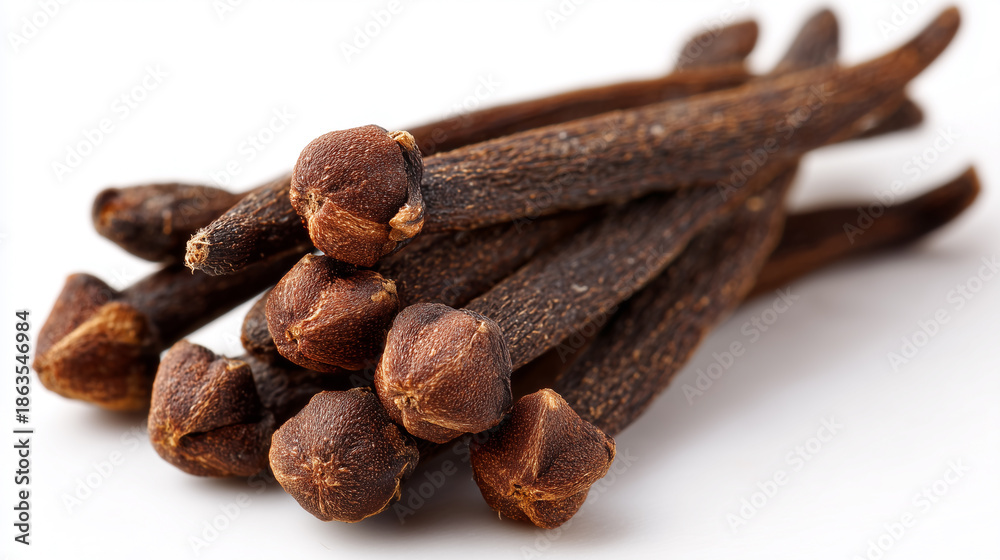 Fototapeta premium Whole Cloves Spice Isolated on White Background. Aromatic brown seasoning for cooking, baking, and beverages.
