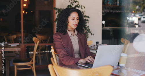 Canvas Print Research, laptop and freelancer with woman in cafe for hospitality blog, food review and email