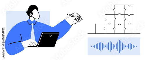 Strategy concept. Strategy with a professional analyzing puzzles and audio elements. Strategy critical for digital planning, innovation, and teamwork. For business, planning, decision-making